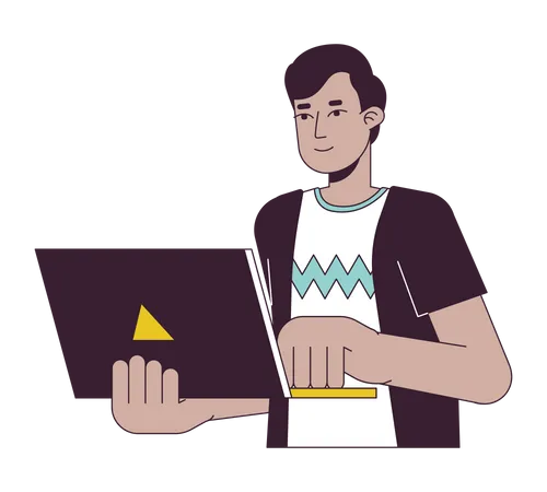 Indian Man Programming Flat Line Color Vector Character Editable Outline Half Body Guy Holding Laptop And Performing Tasks On White Simple Cartoon Spot Illustration For Web Graphic Design 일러스트레이션