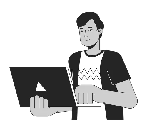 Indian Man Programming Flat Line Black White Vector Character Editable Outline Half Body Guy Holding Laptop And Performing Tasks Simple Cartoon Isolated Spot Illustration For Web Graphic Design 일러스트레이션
