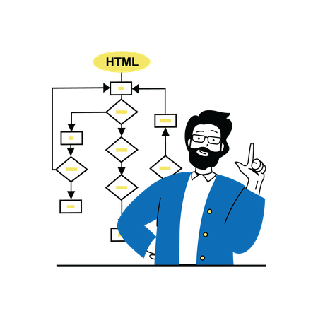 Male Developer creating HTML algorithm chart  Illustration