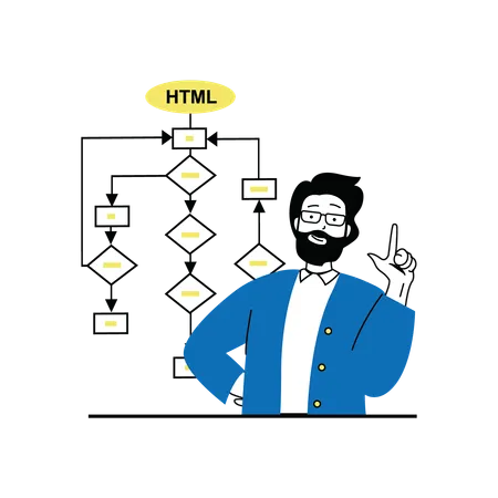 Male Developer creating HTML algorithm chart  Illustration