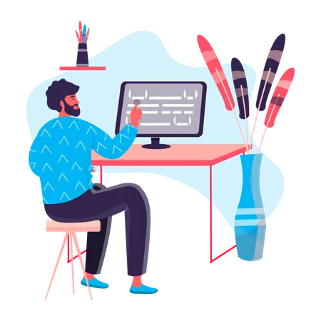 Programming And Software Development Concept Man Developer Optimizes Program Code At Computer Programmer Works At Office Character Scene Vector Illustration In Flat Design With People Activities Illustration