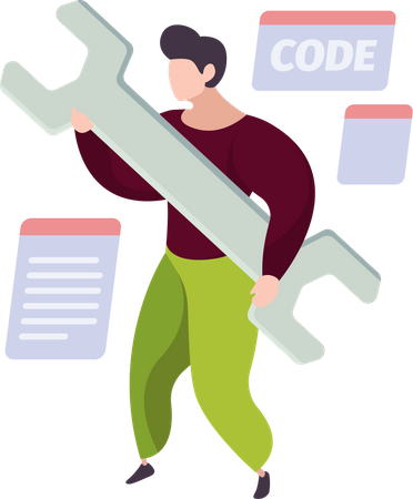 Male developer solving code bugs Illustration