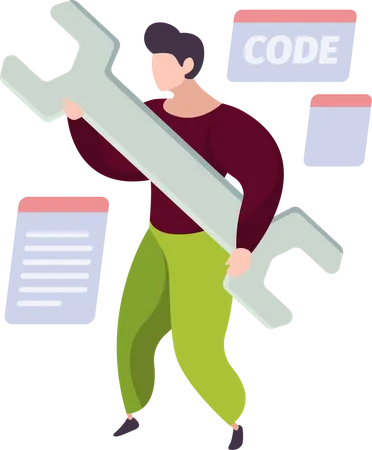 Male developer solving code bugs Illustration