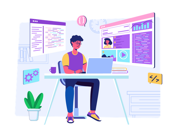 Male developer working at desk  Illustration