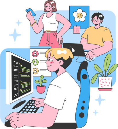 Male developer working on code from remote location  Illustration