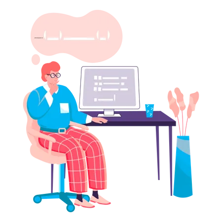 Programmer Working At Office Concept Man Comes Up With And Writes Program Code At Computer Software Or Programs Development Character Scene Vector Illustration In Flat Design With People Activities Illustration