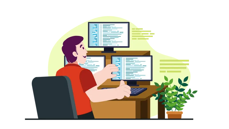 Male developer working on computer  Illustration