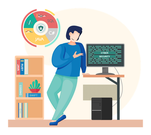 Male developer working on cyber security  Illustration