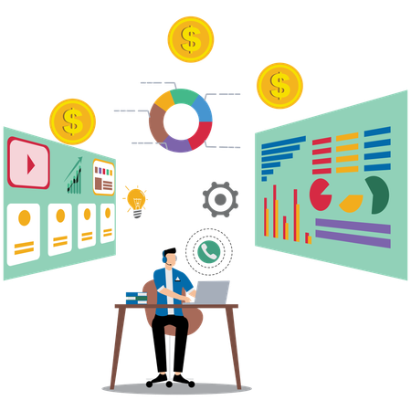 Male developer working on data analytics  Illustration