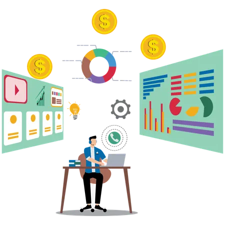 Male developer working on data analytics  Illustration