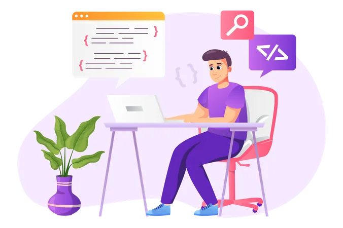 Programmer Working Concept In Flat Style With People Scene Happy Man Coding And Programming At Laptop Sitting Desk At Home Office Developer Doing Tasks Online Vector Illustration For Web Design Illustration