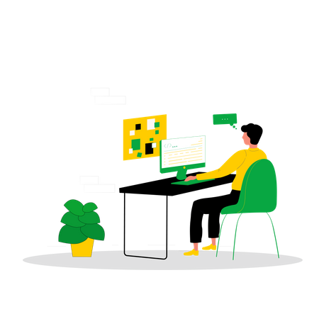 Male developer working while sit on desk  Illustration