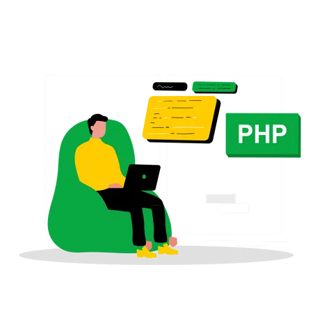 Développeur PHP masculin travaillant sur un pouf  Illustration