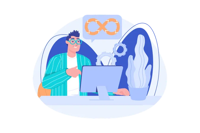 Devops Blue Concept With People Scene In The Flat Cartoon Design Creative Man Is Engaged In The Development Of Various Computer Programs Vector Illustration Illustration