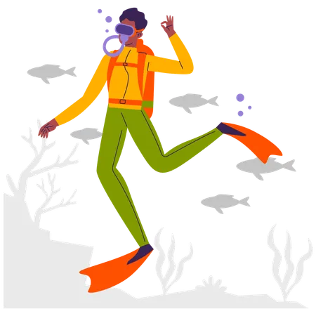 Male diver showing scuba diving gesture  Illustration