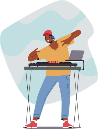 Male DJ playing mix of songs Illustration