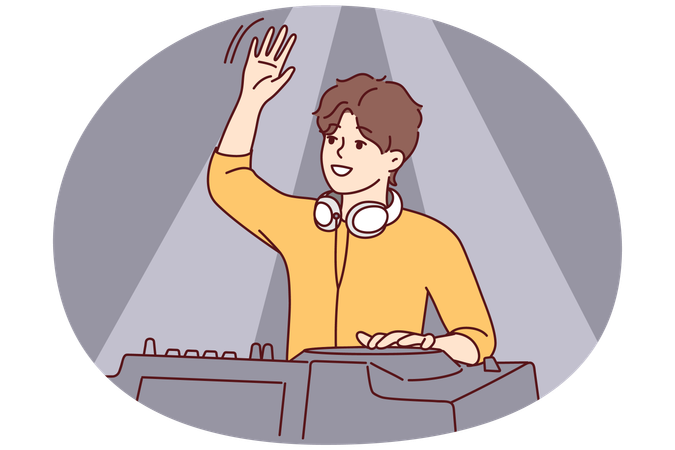 헤드폰을 끼고 클럽에 온 사람들을 맞이하고 춤추며 응원하는 남성 DJ  일러스트레이션