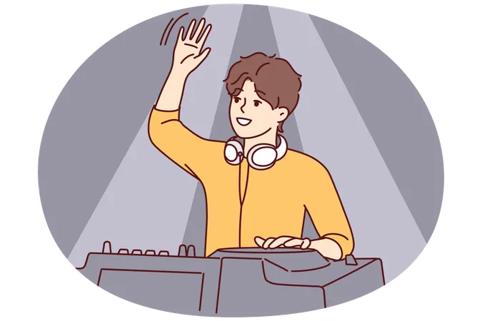 헤드폰을 끼고 클럽에 온 사람들을 맞이하고 춤추며 응원하는 남성 DJ  일러스트레이션