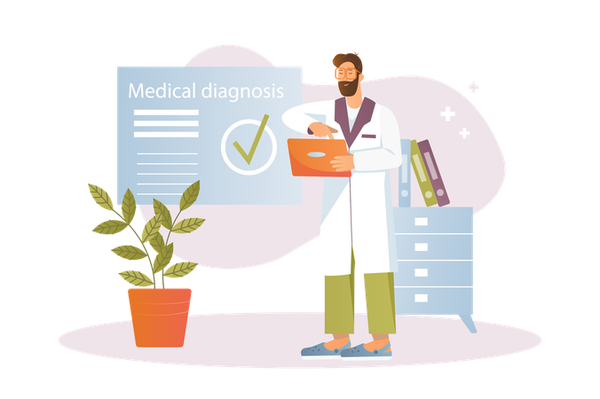 Male doctor analyzes patient tests and makes diagnosis  Illustration