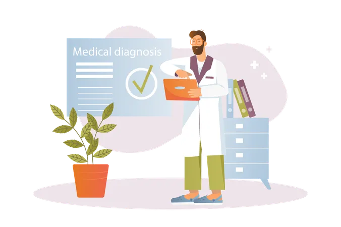 Male doctor analyzes patient tests and makes diagnosis  Illustration