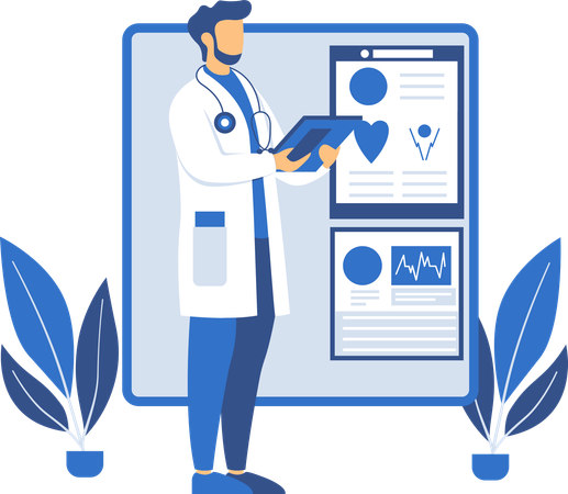 Male Doctor Analyzing health Data On Screen  Illustration