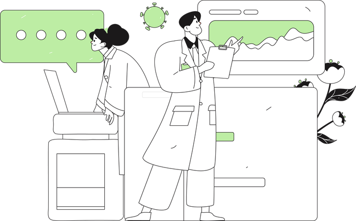 Male doctor and female doctor observing medical report  Illustration