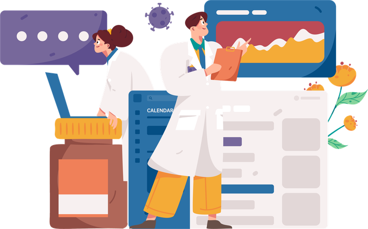 Male doctor and female doctor observing medical report  Illustration