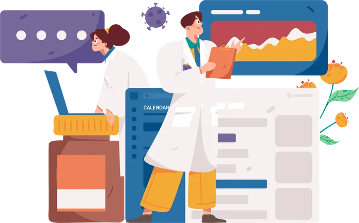 Male doctor and female doctor observing medical report  Illustration