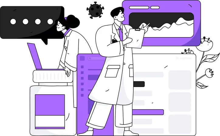 Male doctor and female doctor observing medical report  Illustration