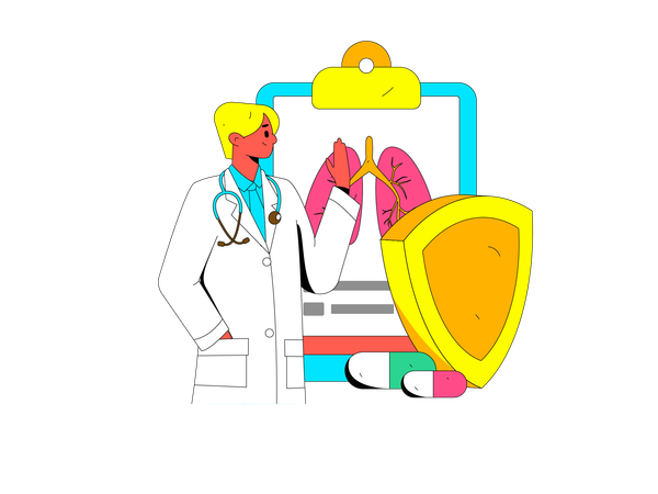 Male doctor check lung report and giving medicine  Illustration