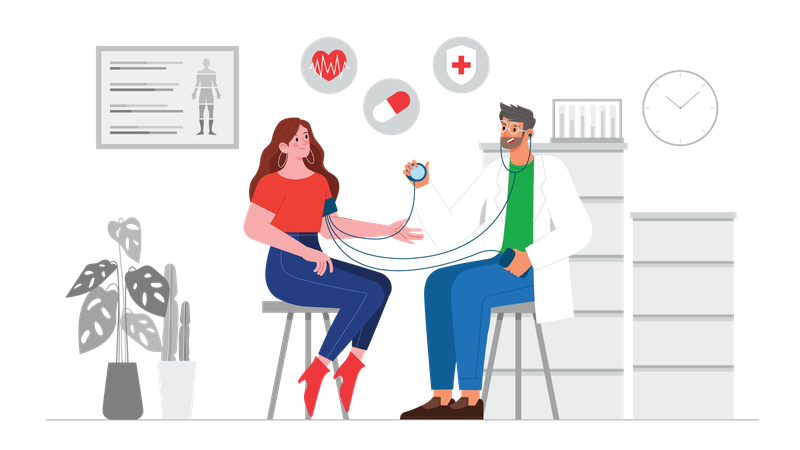 Male doctor checking blood pressure of female patient  Illustration