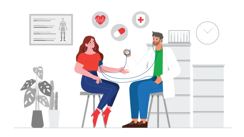 Male doctor checking blood pressure of female patient  Illustration