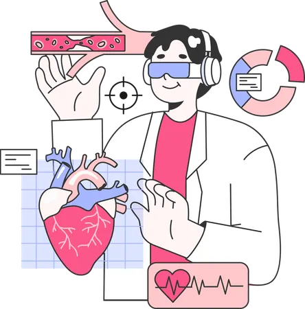 Male doctor checking heart analysis using vr goggles  일러스트레이션