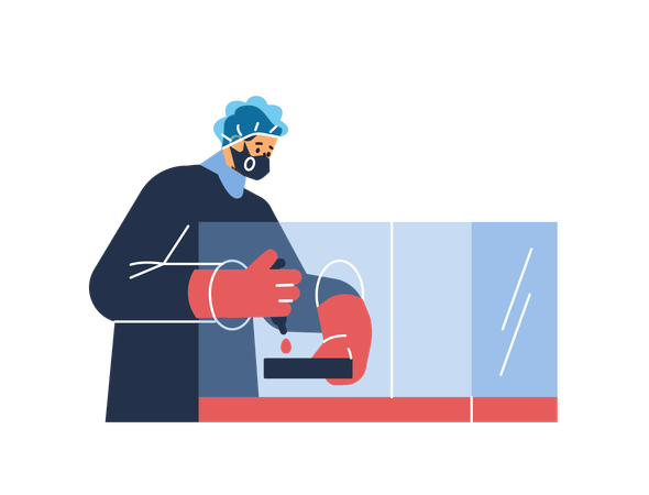 Male doctor chemist working in laboratory while developing vaccine  Illustration