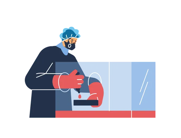 Male doctor chemist working in laboratory while developing vaccine  Illustration