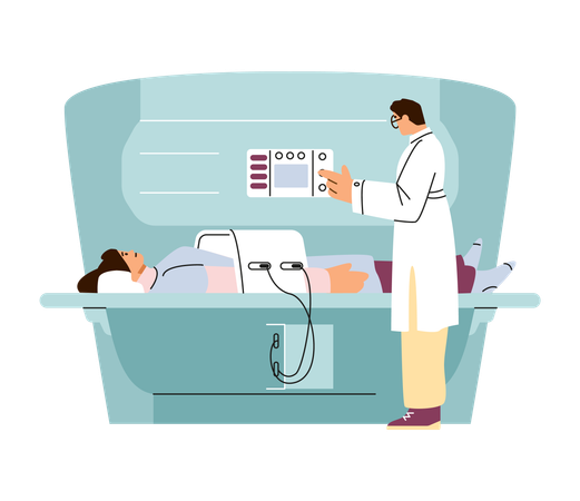 Male doctor conducting an MRI scan of abdominal cavity of female patient  Illustration