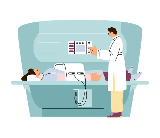 Male doctor conducting an MRI scan of abdominal cavity of female patient  Illustration