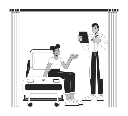 Male doctor consulting female patient on hospital beds  Illustration