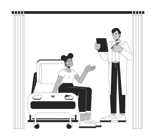 Male doctor consulting female patient on hospital beds  Illustration