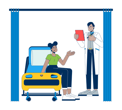 Male doctor consulting female patient on hospital beds  Illustration