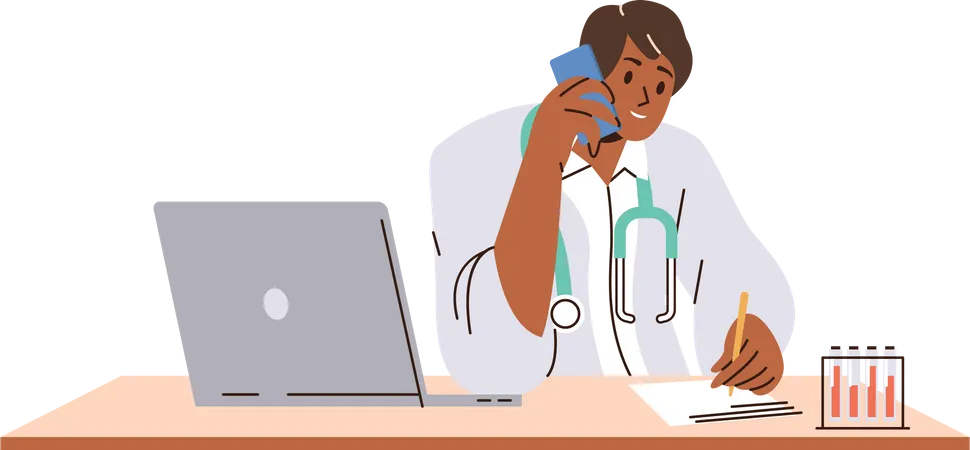 Man Pediatrician Character Wearing Lab Coat Sitting At Workplace Talking Mobile Phone Consulting Patient Remotely Giving Prescription Isolated On White Background Health Support Service Concept Illustration