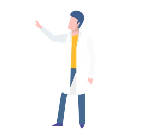 Doctor Character In Medical Gown Standing And Discussing Element Of Hospital Or Laboratory Person Showing Or Discussing Healthcare Symbol Clinic Vector Illustration