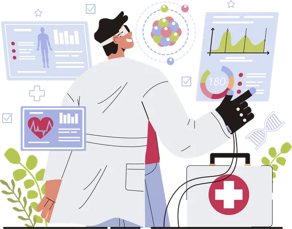 Male doctor doing medical analysis using vr glasses  Illustration