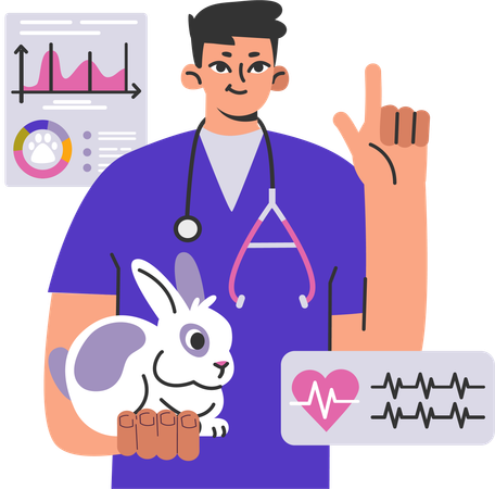 Male doctor examining  bunny heart beat  Illustration