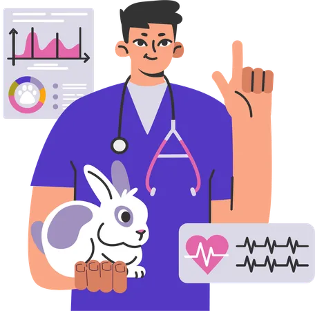 Male doctor examining  bunny heart beat  Illustration