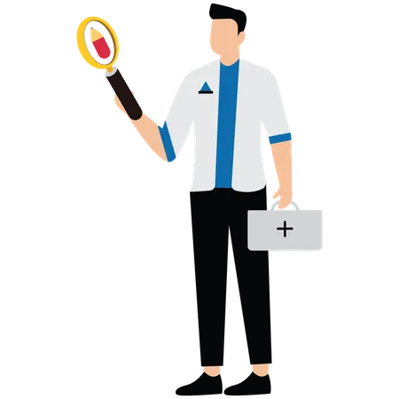 男性医師が救急バッグを持って血液バッグを発見  イラスト