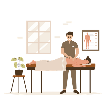 Male Doctor giving acupuncture treatment to woman  Illustration