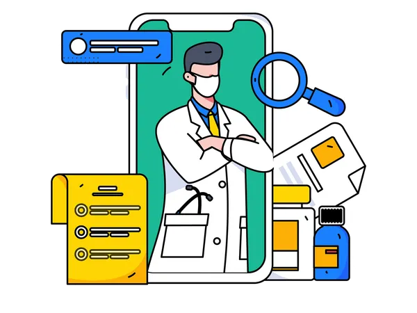 Male doctor giving medicine on laptop  Illustration