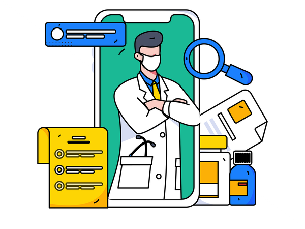 Male doctor giving medicine on laptop  Illustration