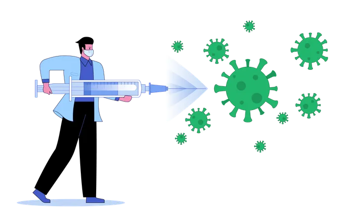 백신을 주입하기 위해 거대한 주사기를 들고 있는 남성 의사  일러스트레이션